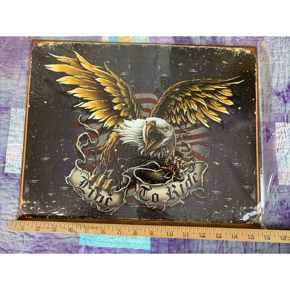 Sign American Eagle Flag Live To Ride Patriotic New Metal Collectible 16x12.5 - Picture 2 of 3